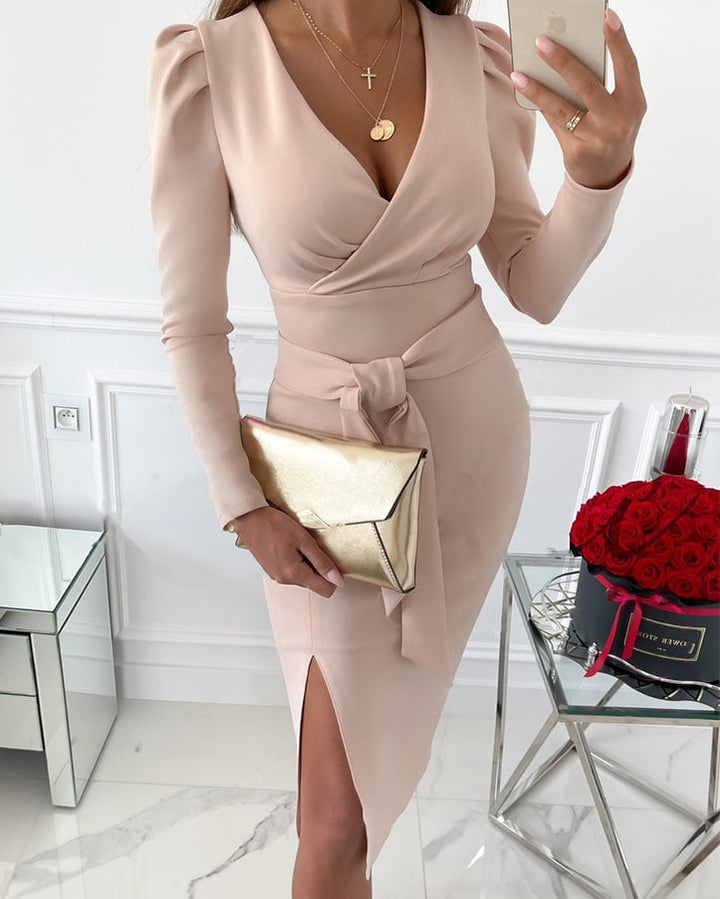 Caitlyn - Stylish V-Neck Tie Straps Midi Dress
