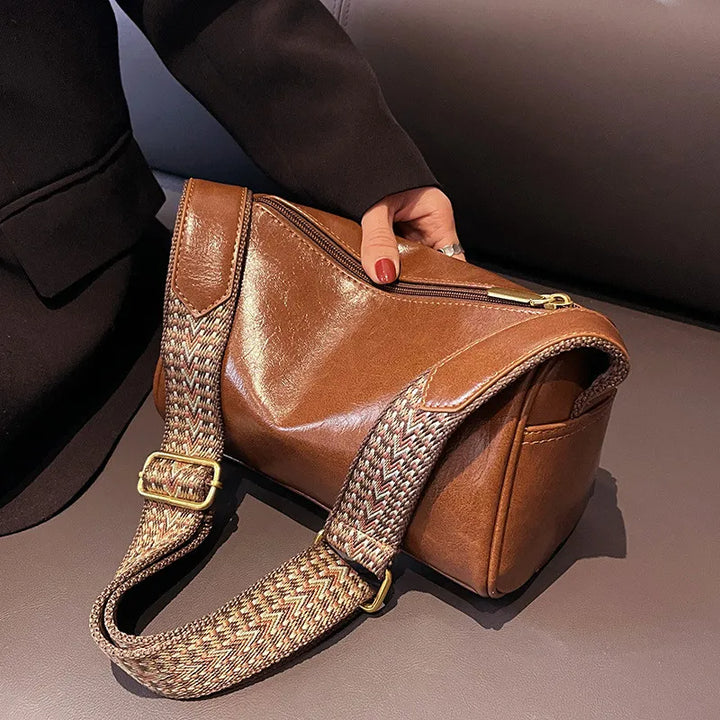 Trine™ | Vintage Leather Crossbody Bag with Woven Adjustable Strap