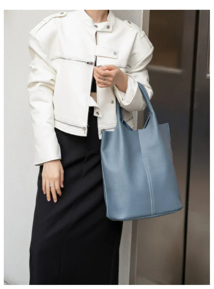 Light blue bucket bag with a luxurious leather look