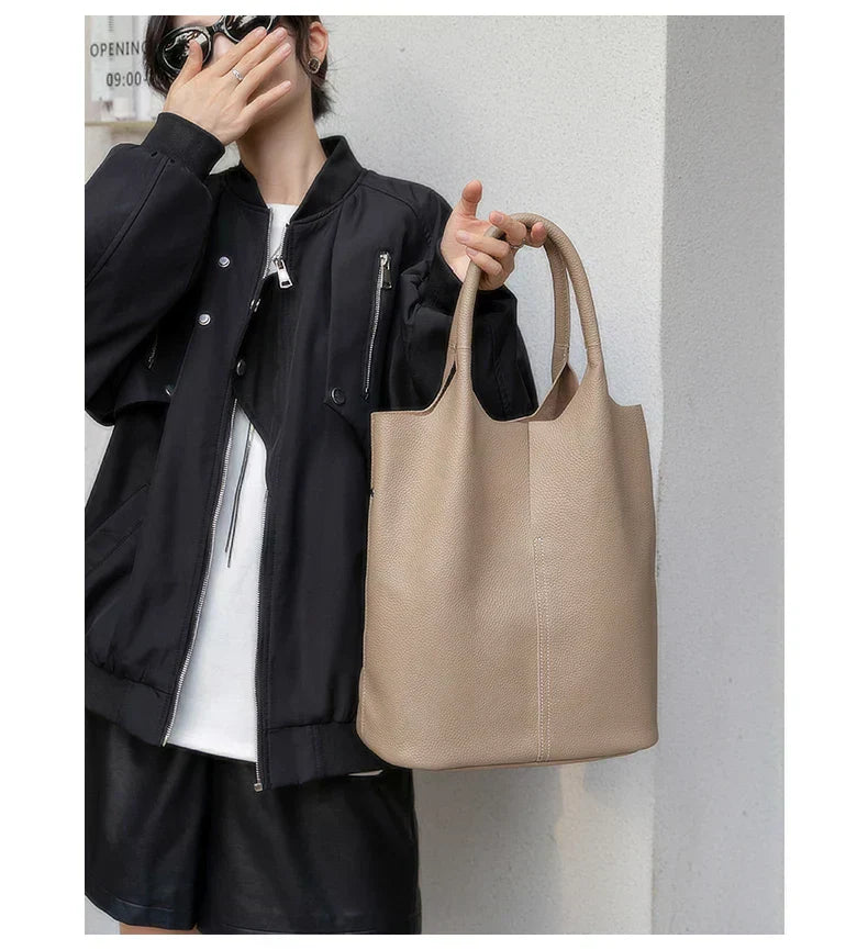 Light blue bucket bag with a luxurious leather look