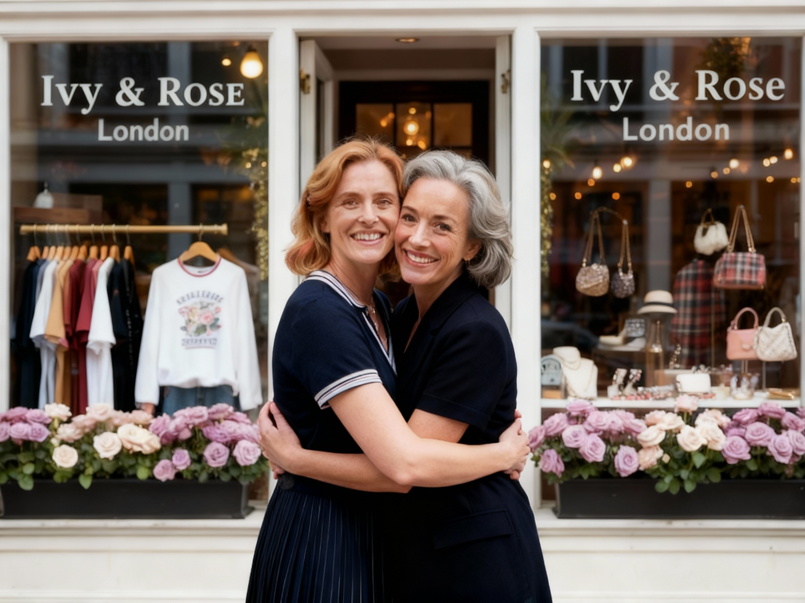 Two women hugging in front of a store named 'Ivy & Rose London'.